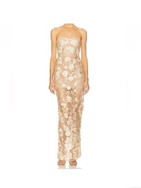 Strapless Sheer Floral Embroidered Maxi Jasmine Dress in light Gold